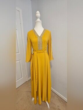 SHEIN Mustard Yellow Embellished V-Neck Maxi Dress with Tie Waist